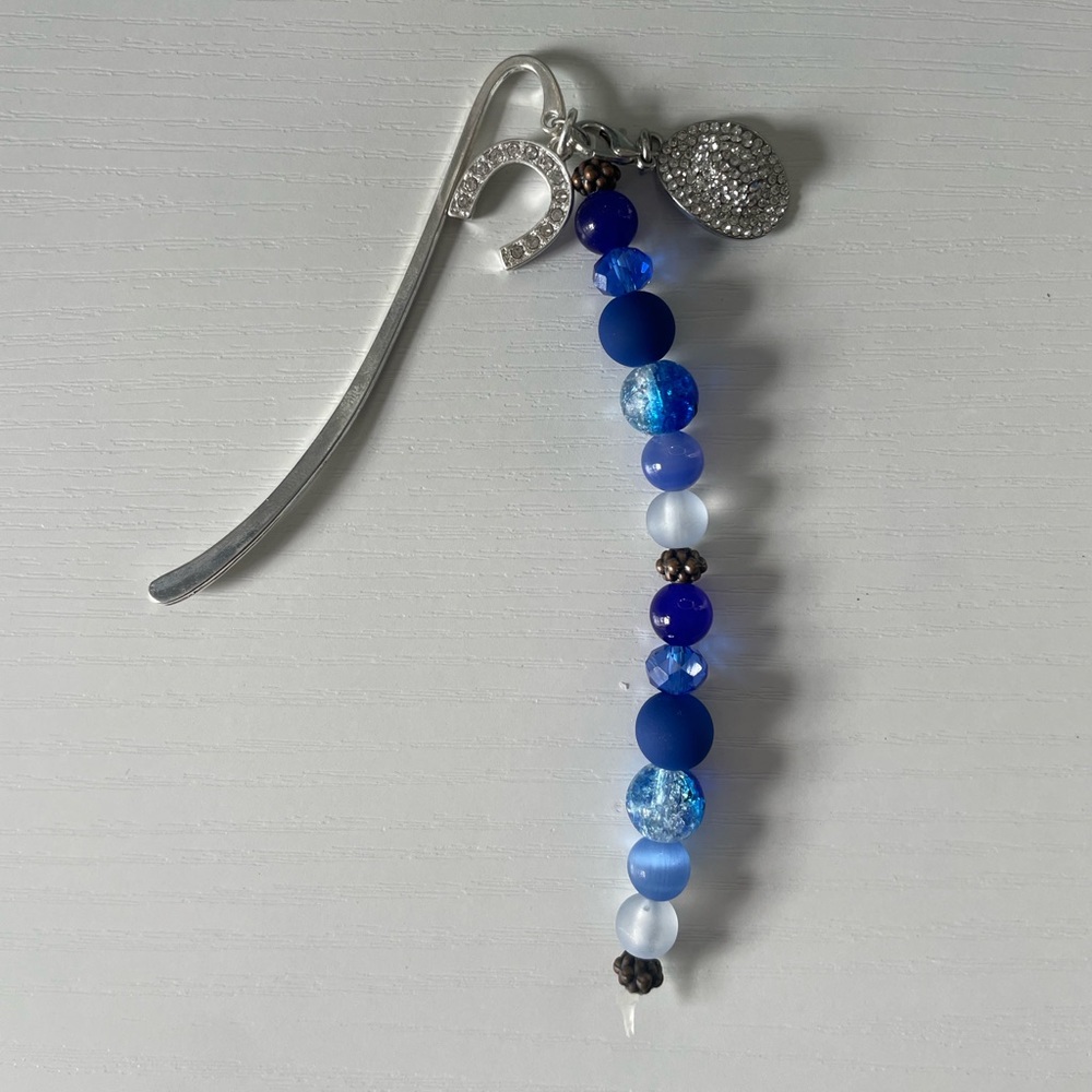Blue Beaded Bookmark with Silver Accents